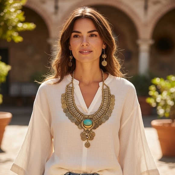 NWT Gold Coin Statement Necklace & Earrings Set with Turquoise Accent - Picture 1 of 15